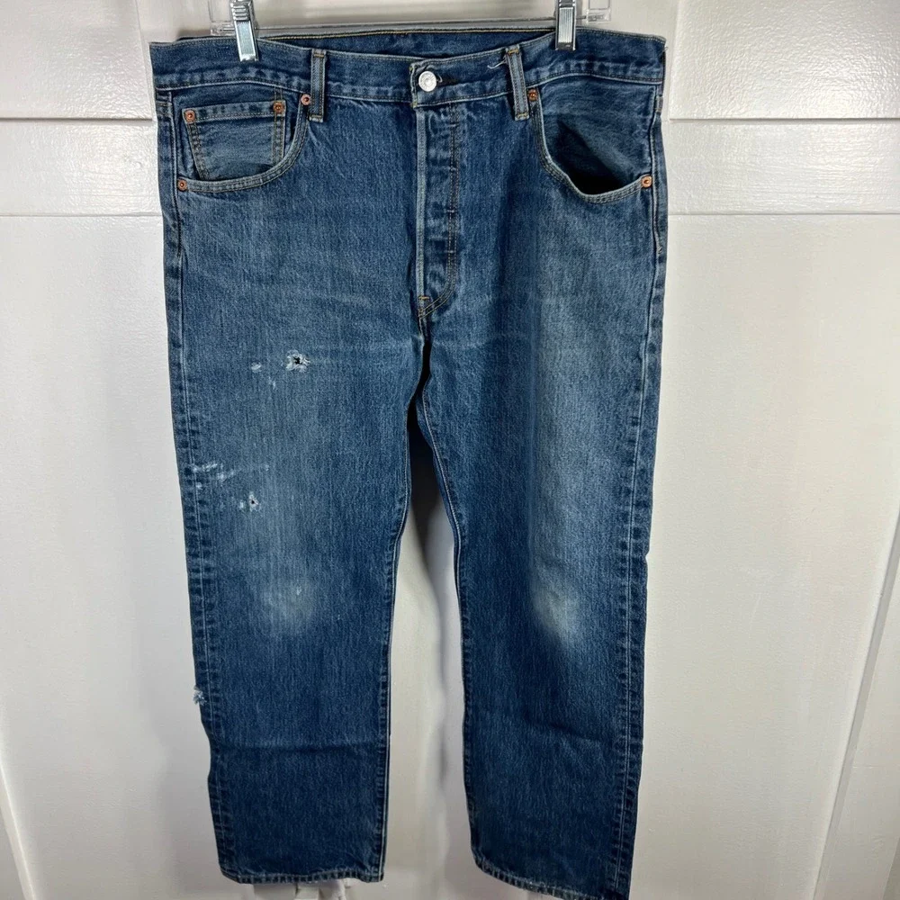 Levis 501 Original Fit Jeans Mens 36x30 Medium Wash Blue Distressed Button Fly